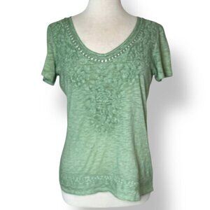 Tribal Jeans Green Embroidered V Neck Tee Shirt with Cut Out Detail Sz XS